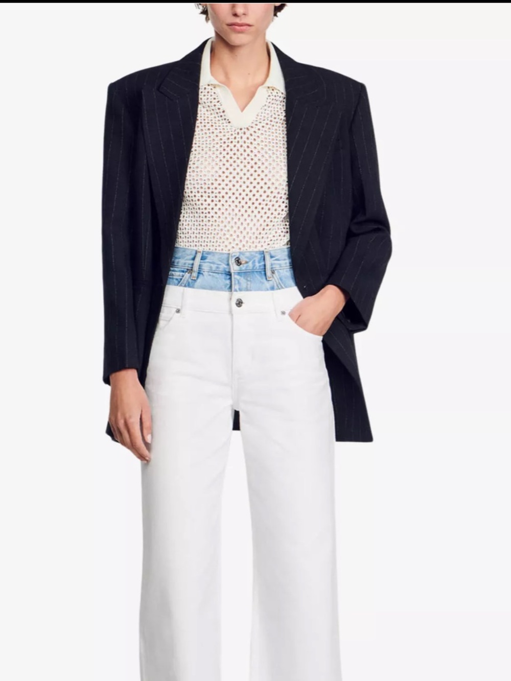 Sandro White Wide-Leg Jeans with Light Blue Denim Waistband